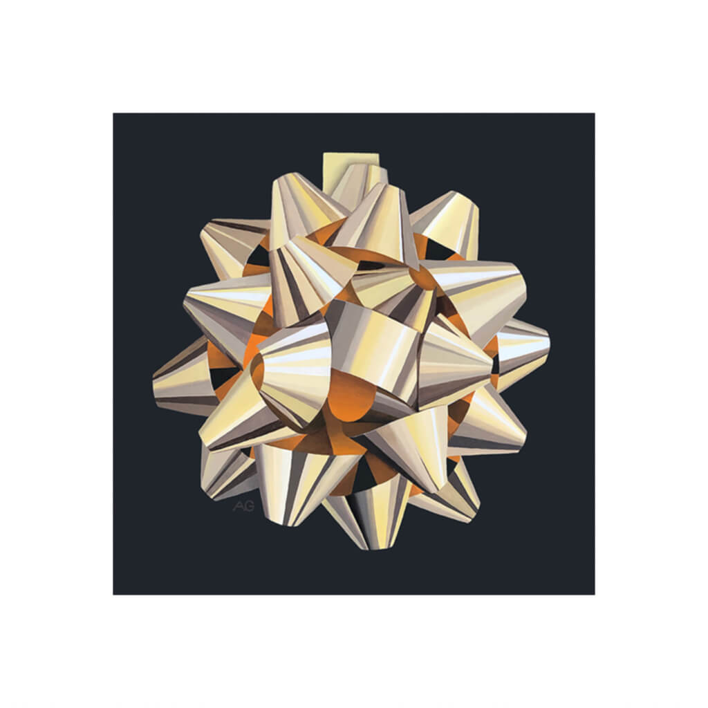 A giclée fine art print of a gold gift bow, against a soft black background.