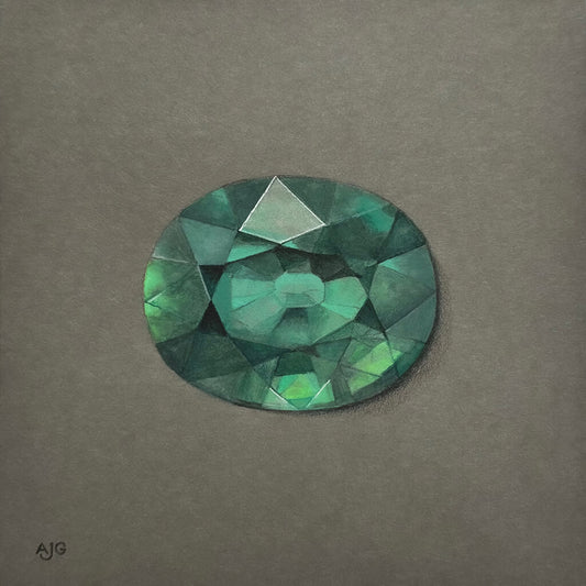 Gouache painting of an oval green tourmaline gemstone on a grey background