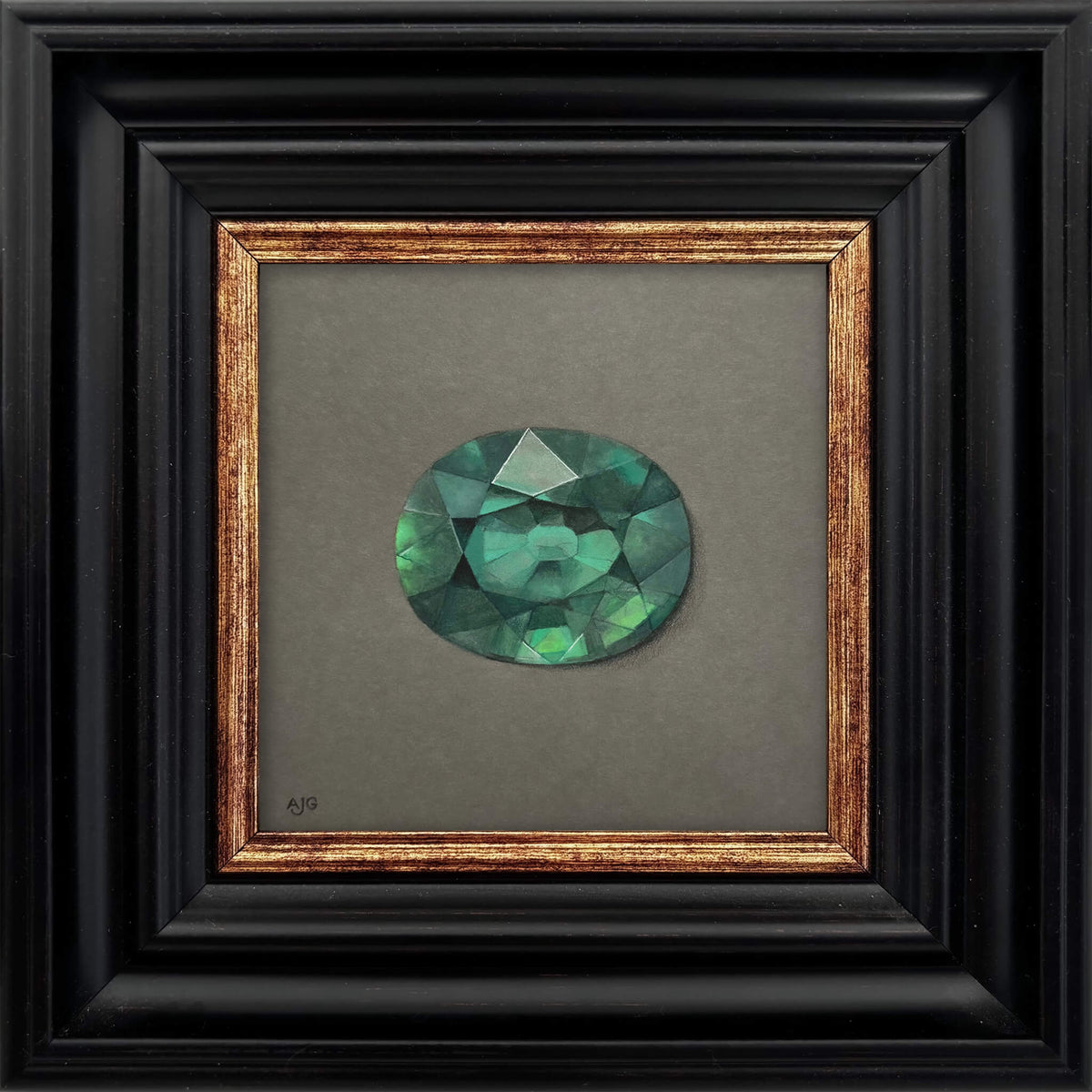 A framed original gouache painting of a faceted green tourmaline gemstone on a textured grey background, surrounded by a gold inner frame and a thick black outer frame, by Amanda Gosse.