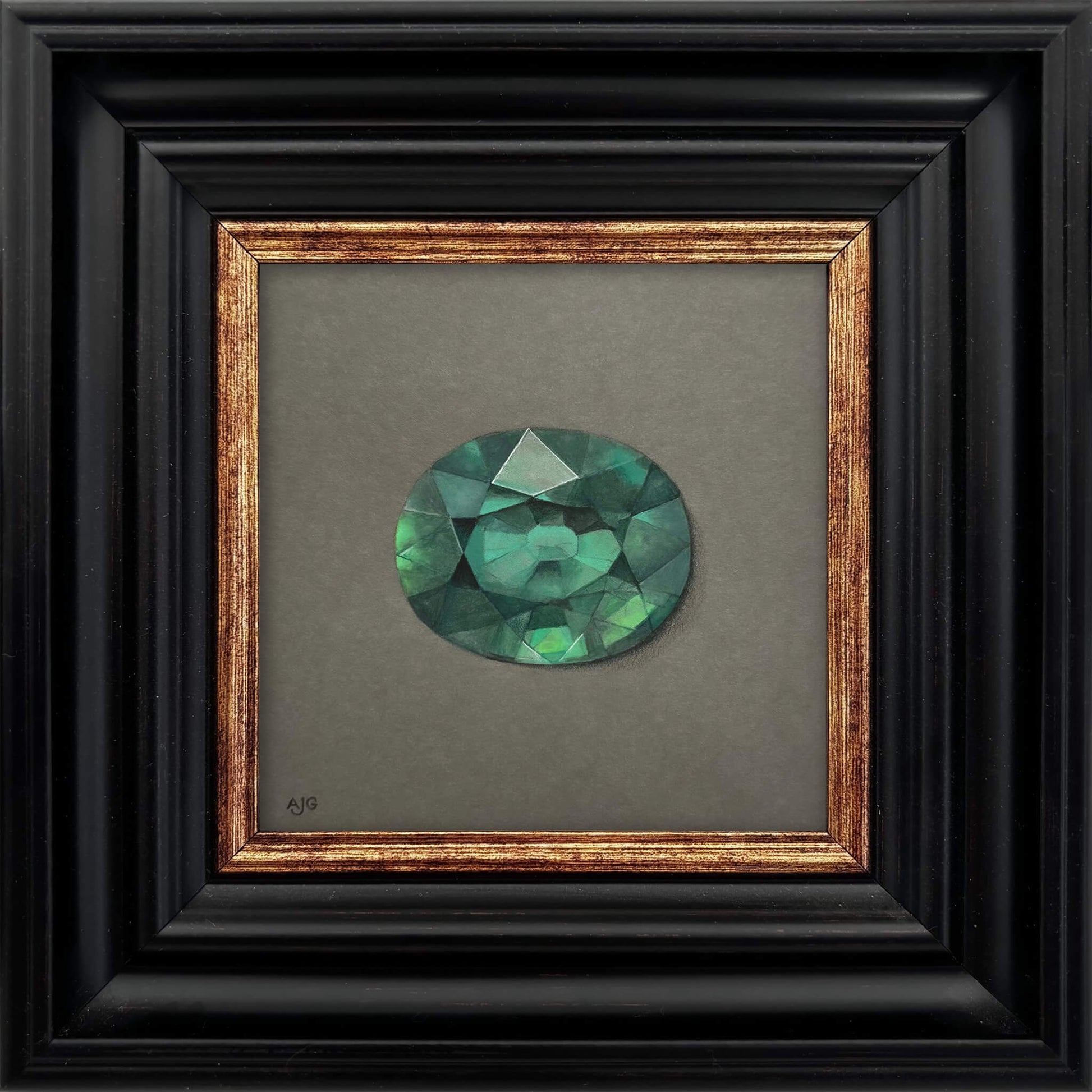 A framed original gouache painting of a faceted green tourmaline gemstone on a textured grey background, surrounded by a gold inner frame and a thick black outer frame, by Amanda Gosse.