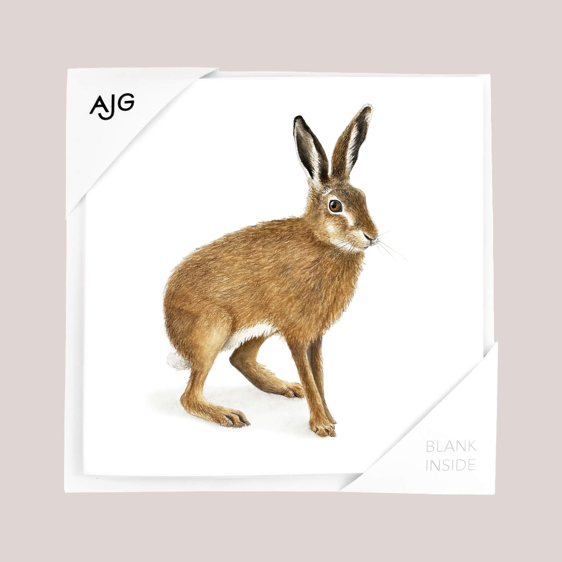 Greeting card with a brown hare illustration on a white background