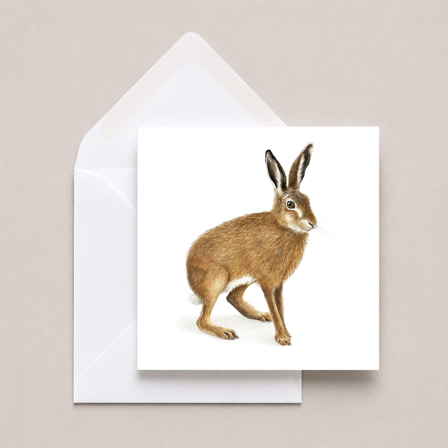 Greeting card with a hare illustration on a beige background