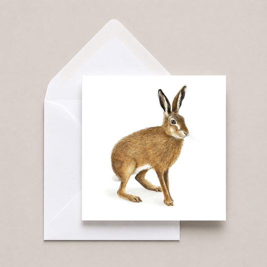Greeting card with a hare illustration on a beige background