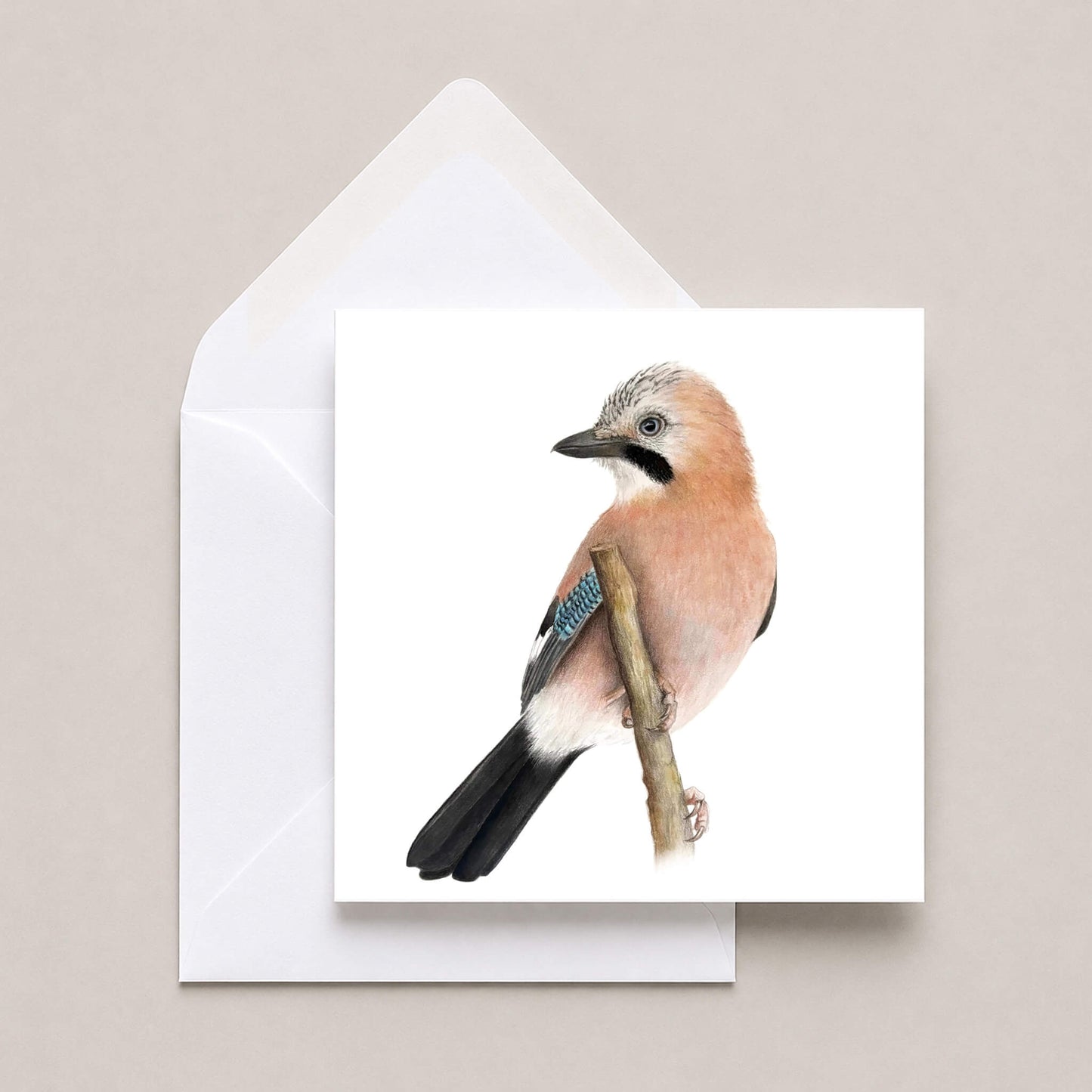 Greetings card featuring a jay with a white envelope on a neutral background