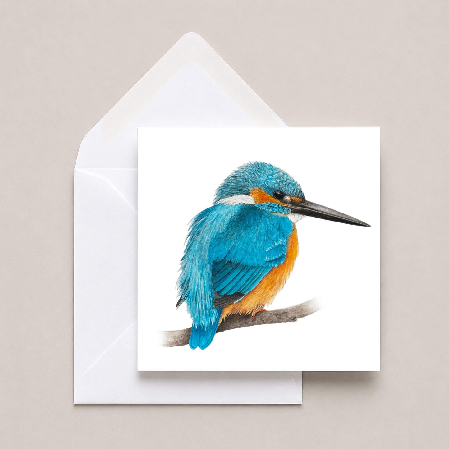 Greeting card with a kingfisher bird illustration on a beige background