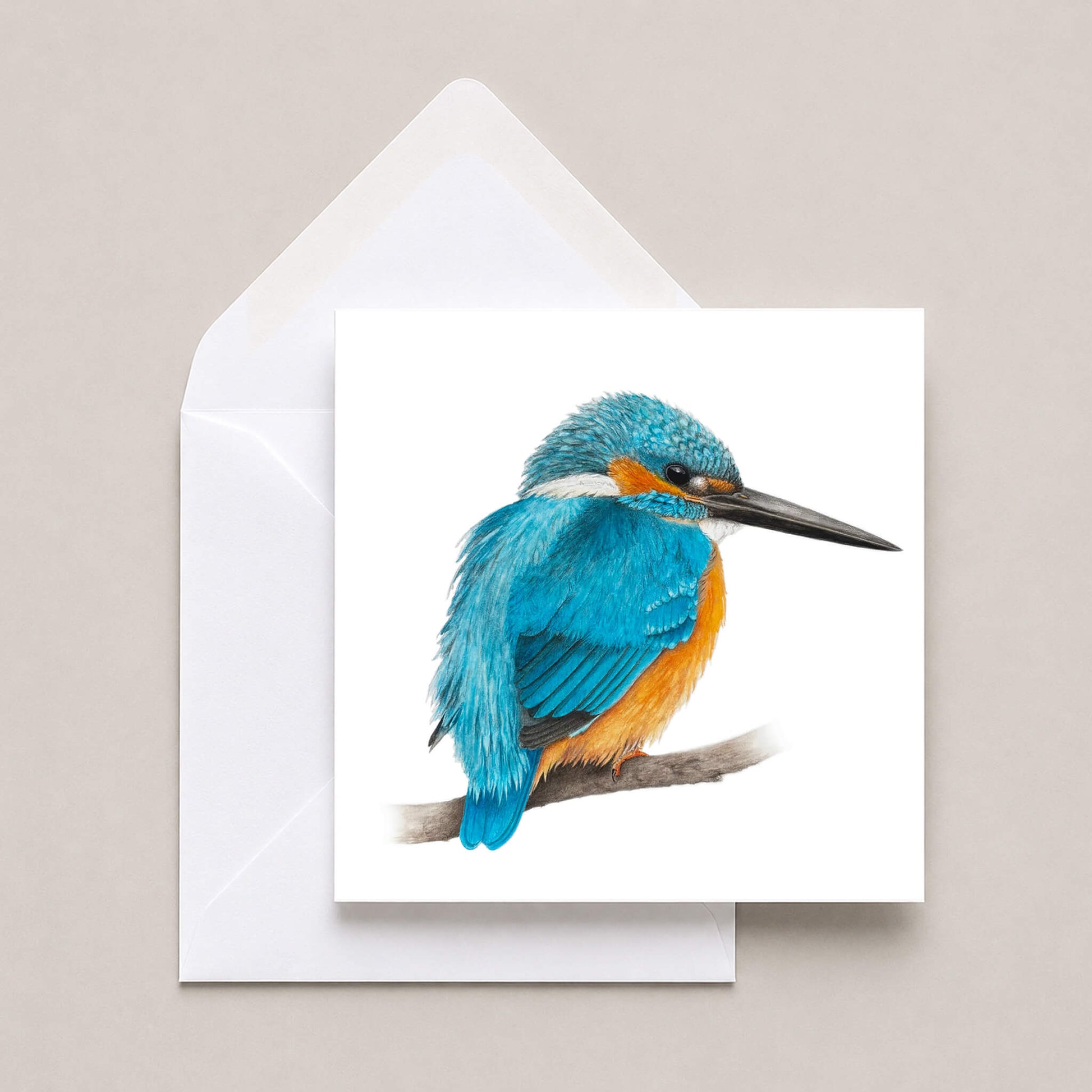 Greeting card with a kingfisher bird illustration on a beige background