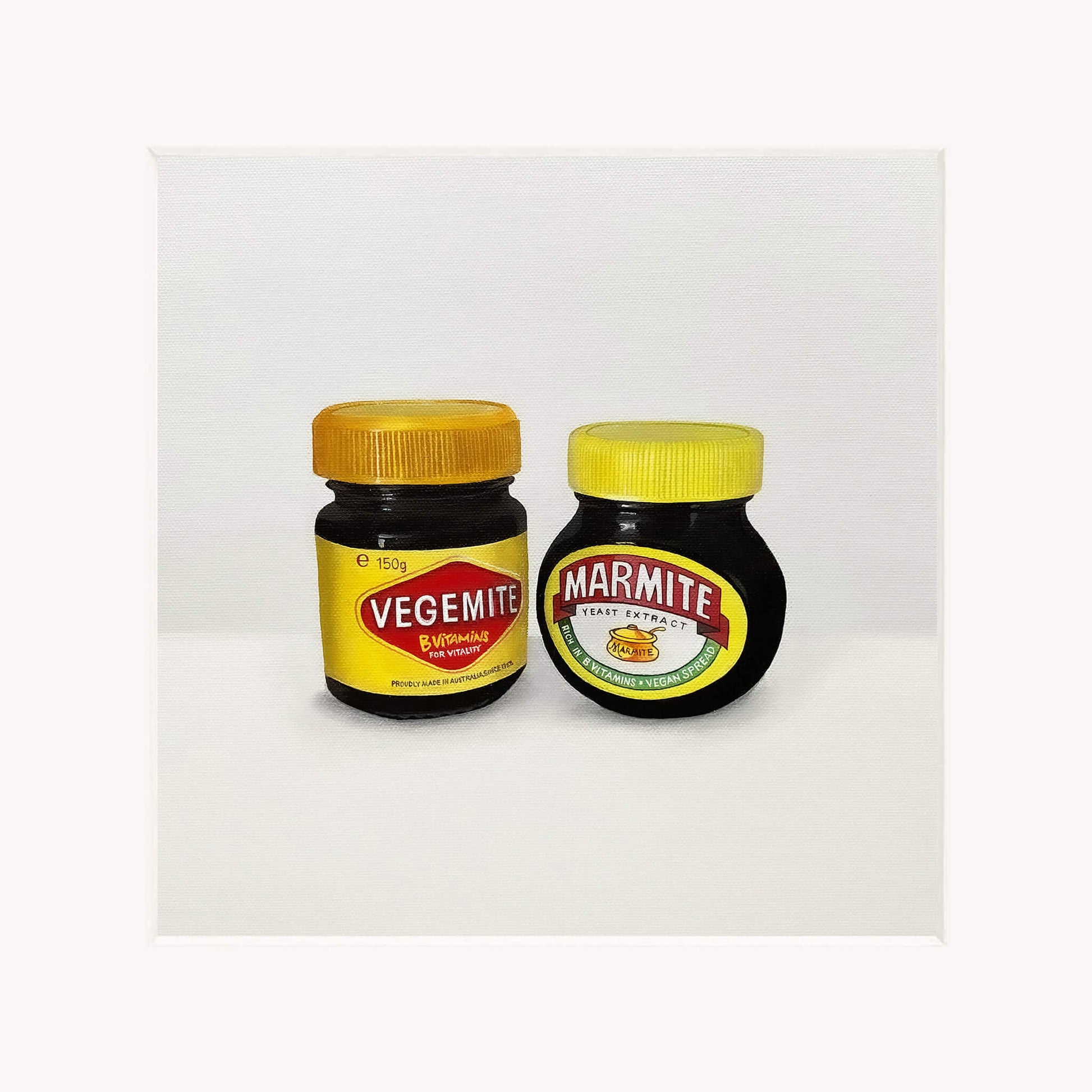 Giclée print in white mount of two jars of Vegemite and Marmite on a white background