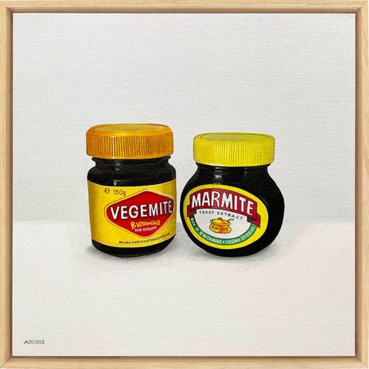 An acrylic painting on canvas of British Marmite and Australian Vegemite jars within a wooden floating frame