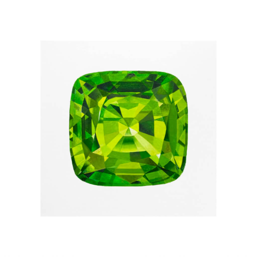 A giclée fine art print of a green Peridot jewel. The gemstone has a pale stone background.