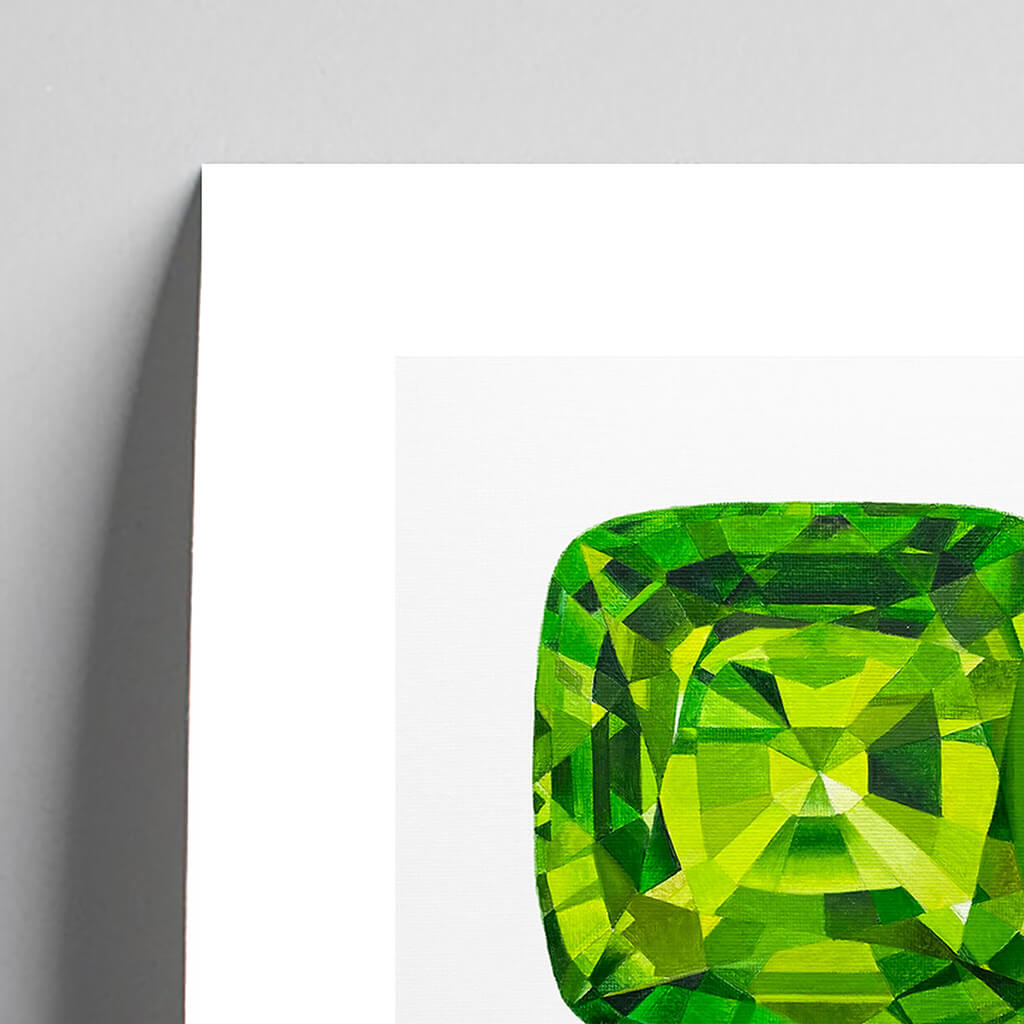 Giclée fine art print of a Peridot gemstone on a pale grey background. This image shows a section, to highlight the detail.