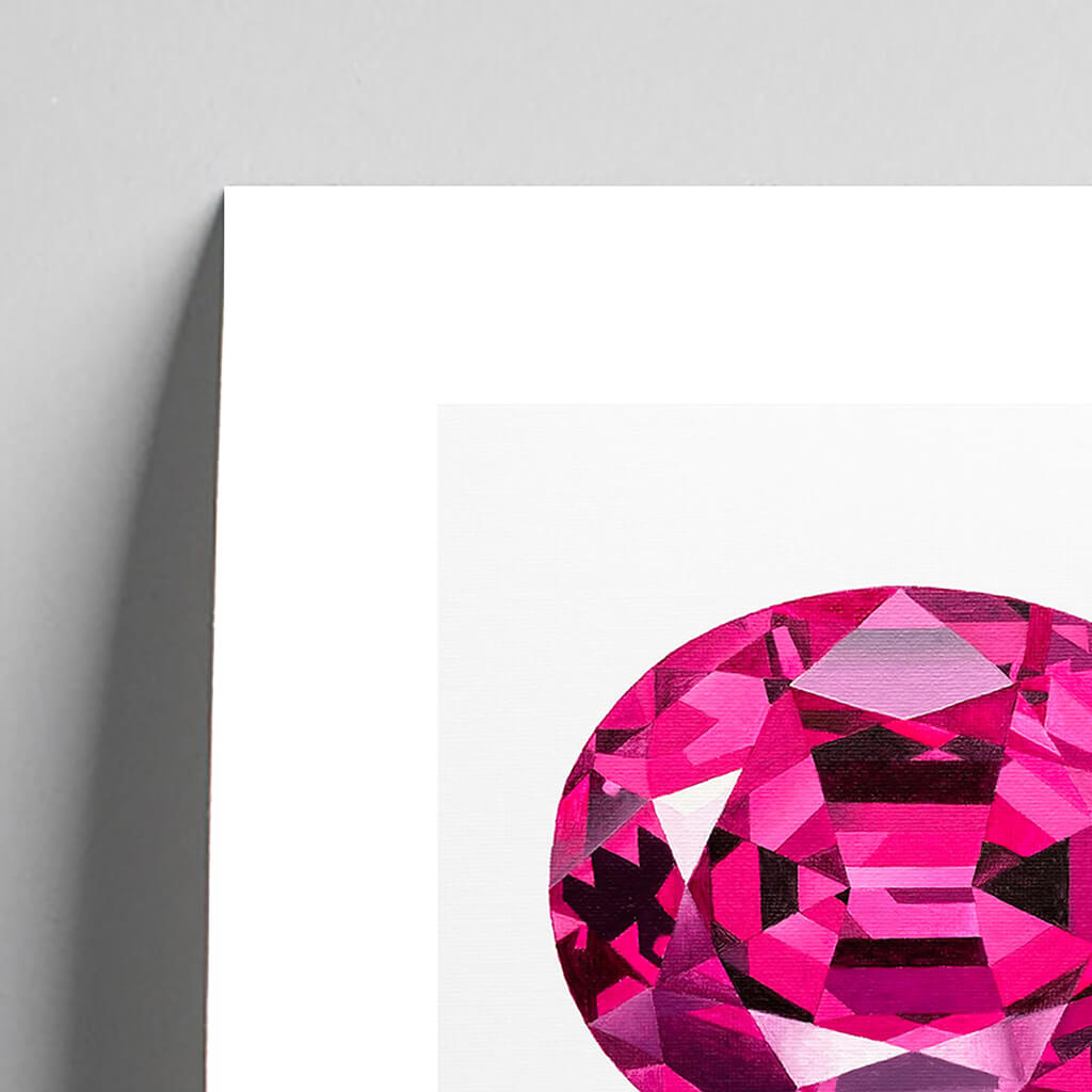 Giclée fine art print of a pink tourmaline gemstone on a light grey background. This image shows a section, to highlight the detail.