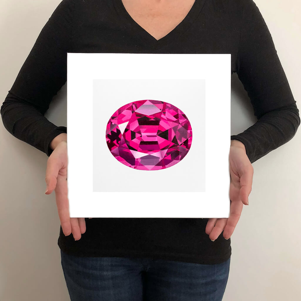 A giclée fine art print of a pink tourmaline gemstone on a pale grey background. This image illustrates the print size.