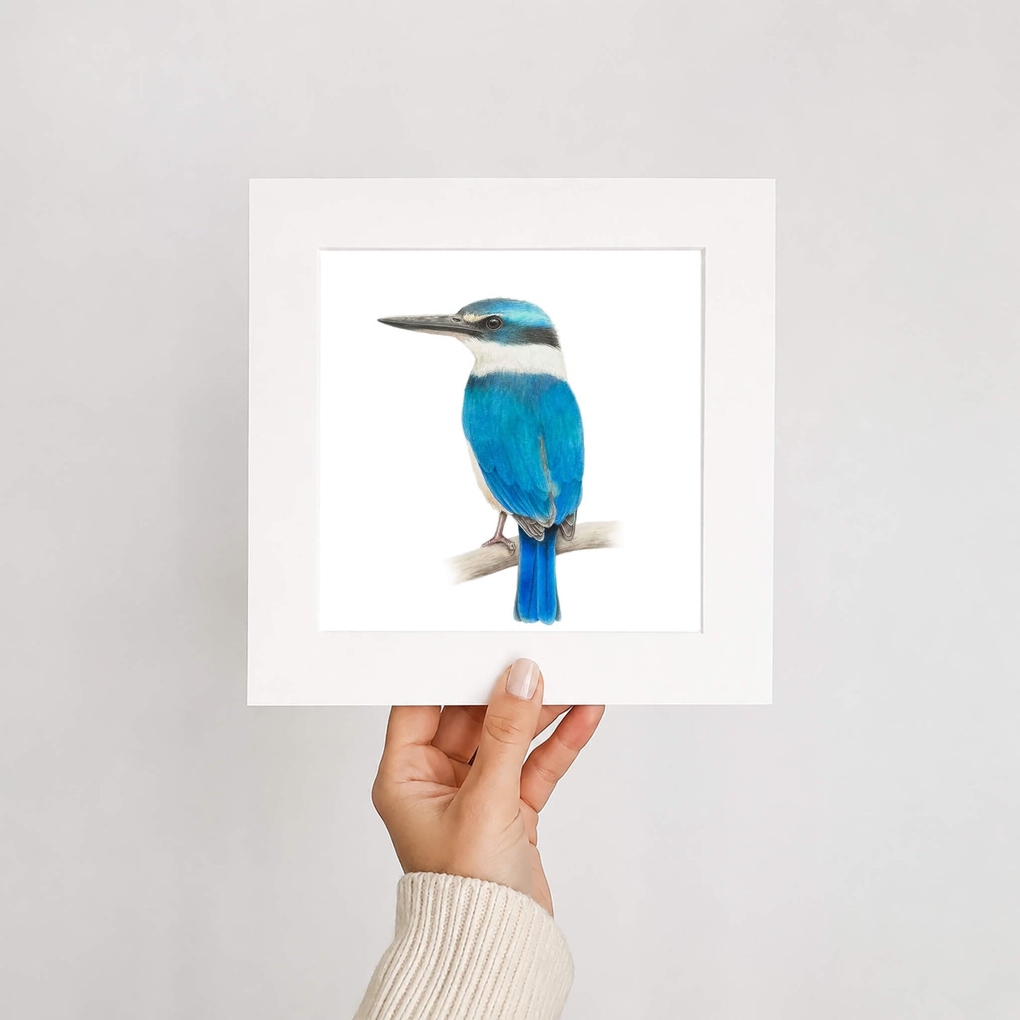 Hand holding a card with a blue bird illustration against a white background