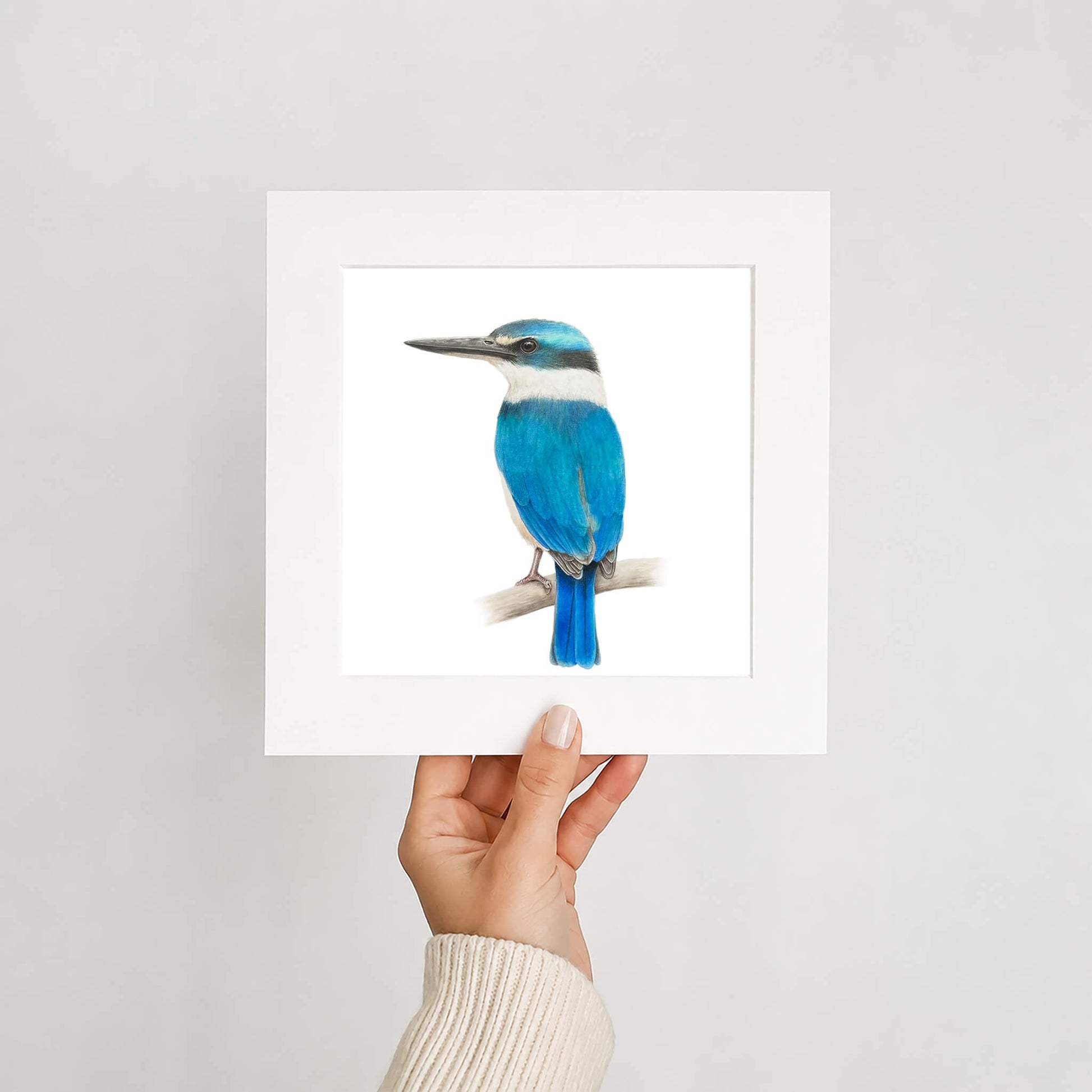 Hand holding a card with a blue bird illustration against a white background