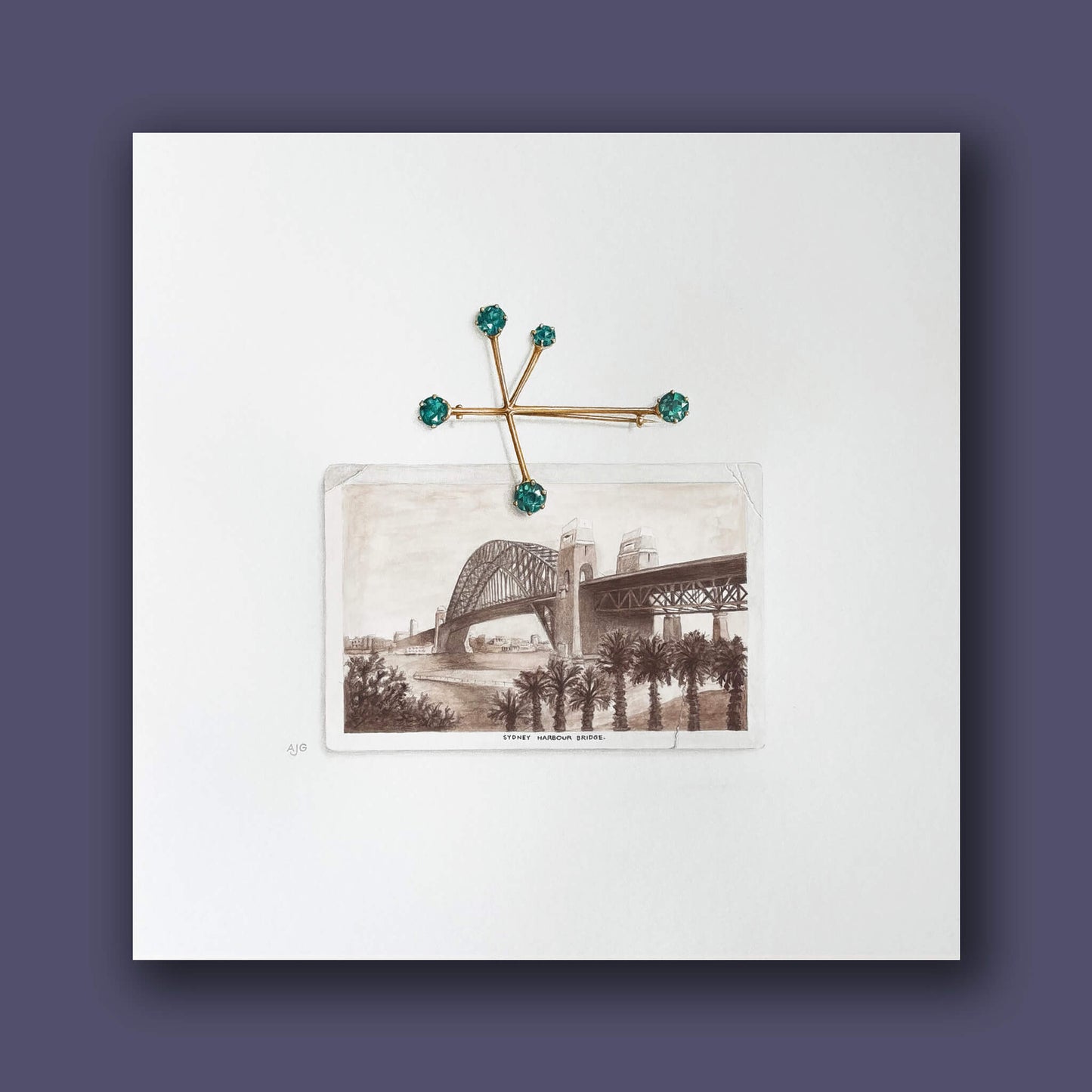 Painting of a jewelled Southern Cross constellation brooch and Sydney Harbour Bridge on white paper, against a dark purple background