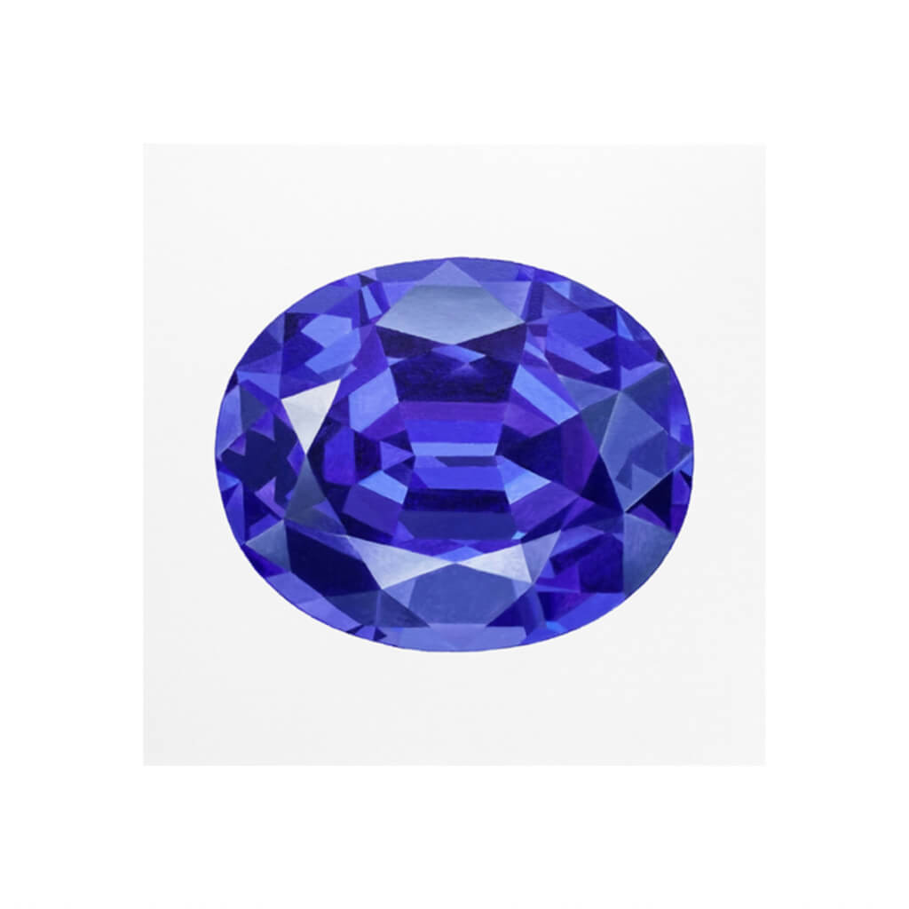 A giclée fine art print of a Tanzanite jewel, rectangular in shape and blue, green and purple. The gemstone has a very pale stone background.