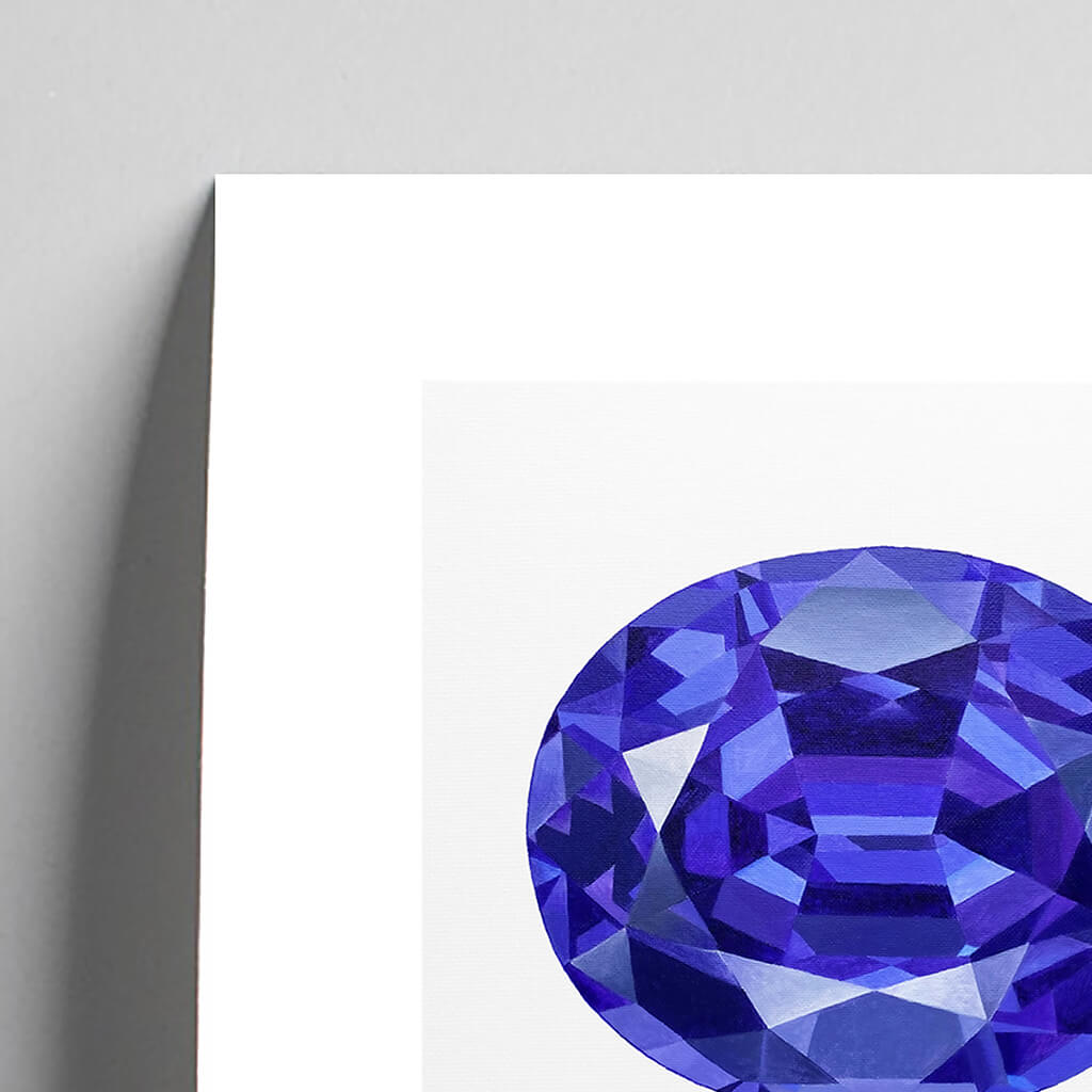 Giclée fine art print of a Tanzanite gemstone on a very pale stone background. This image shows a section, to highlight the detail.