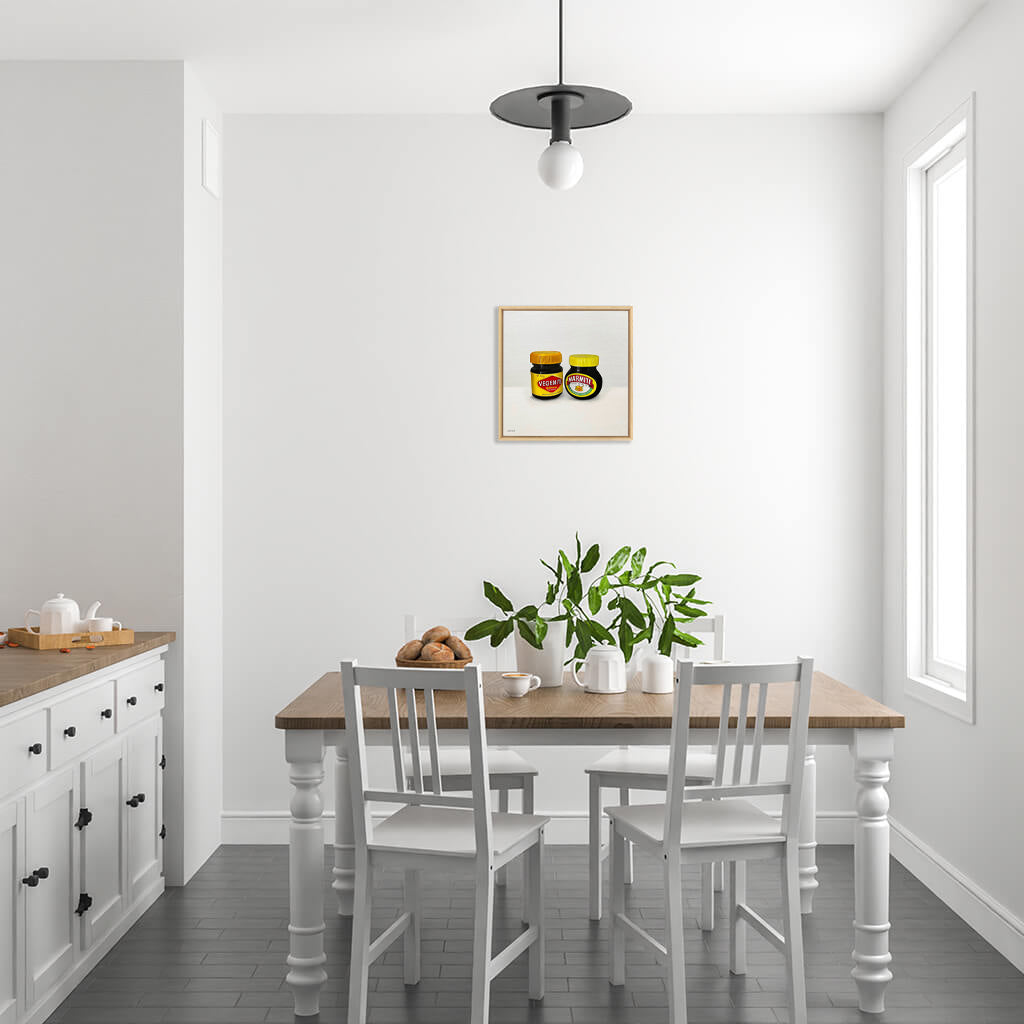 A painting of vegemite and marmite jars displayed on wall in kitchen.