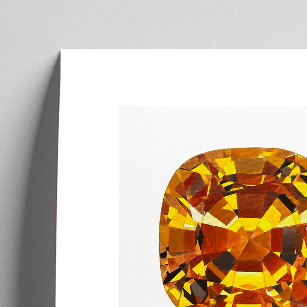 Giclée fine art print of a yellow topaz gemstone on a light grey background. This image shows a section, to highlight the detail.