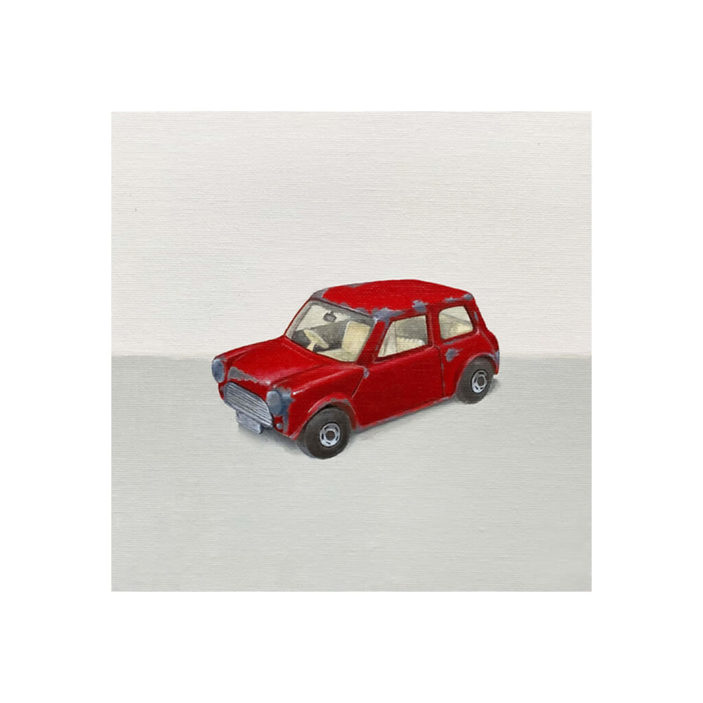 A giclée fine art print of a red mini toy car, against a pale neutral colour background.
