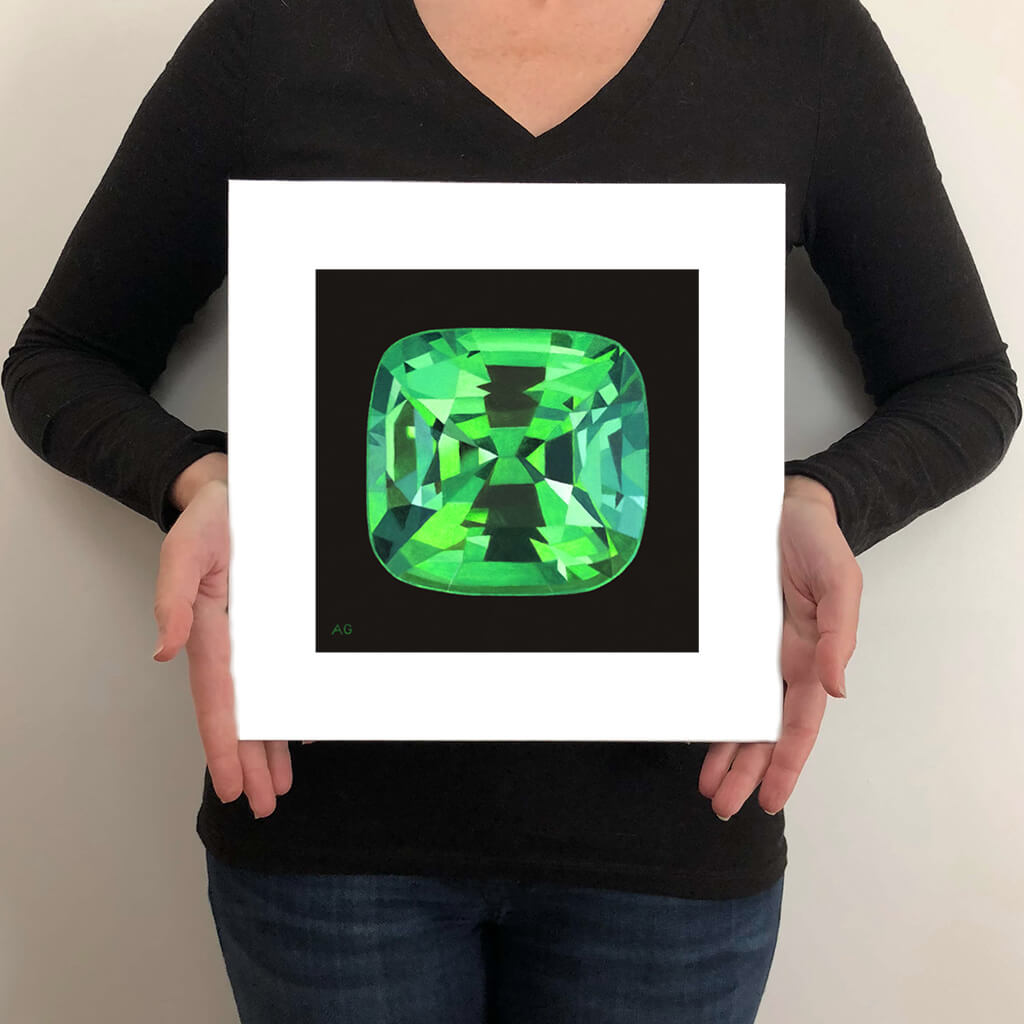 A giclée fine art print on paper of a Tsavorite Garnet jewel on a black background. This image illustrates the print size.