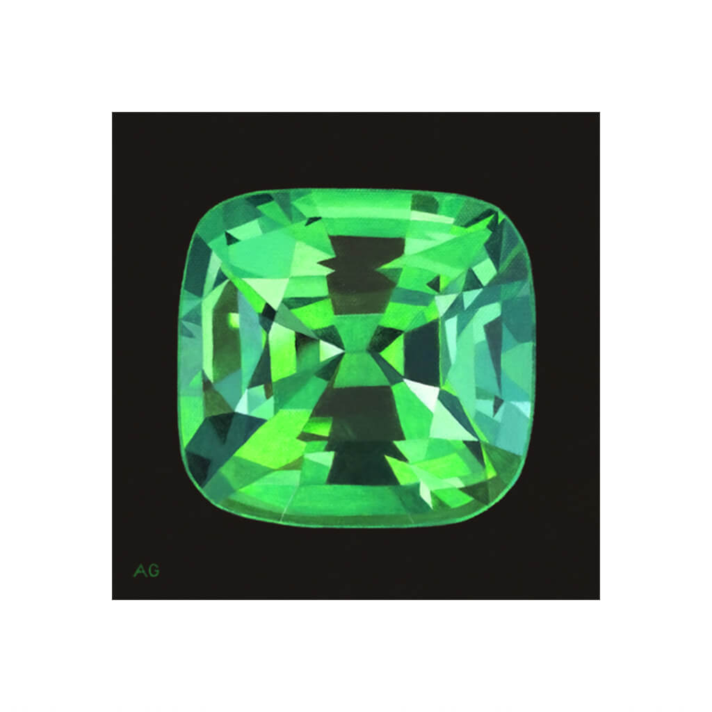 A giclée fine art print of a Tsavorite Garnet green gemstone, against a soft black background.