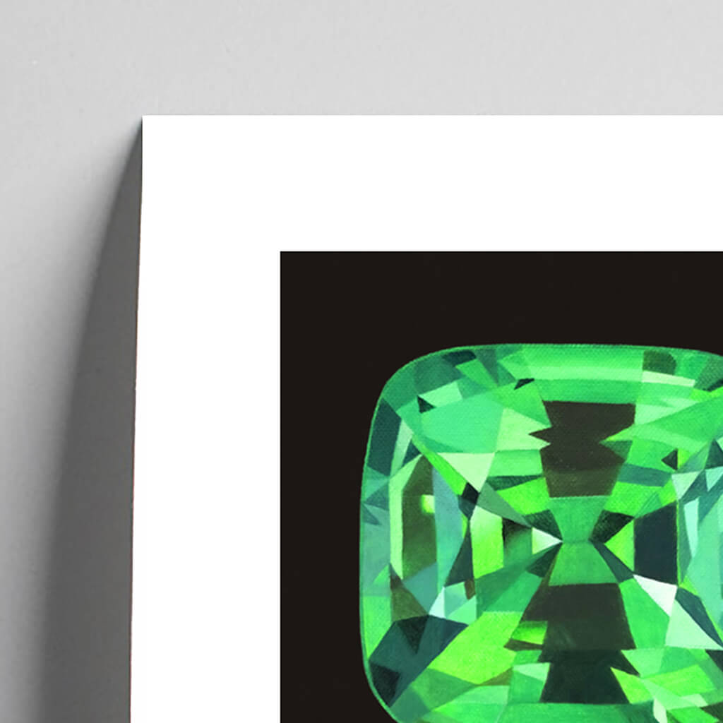 Giclée fine art print of a Tsavorite Garnet gem on a black background. This image shows a section, to highlight the detail.