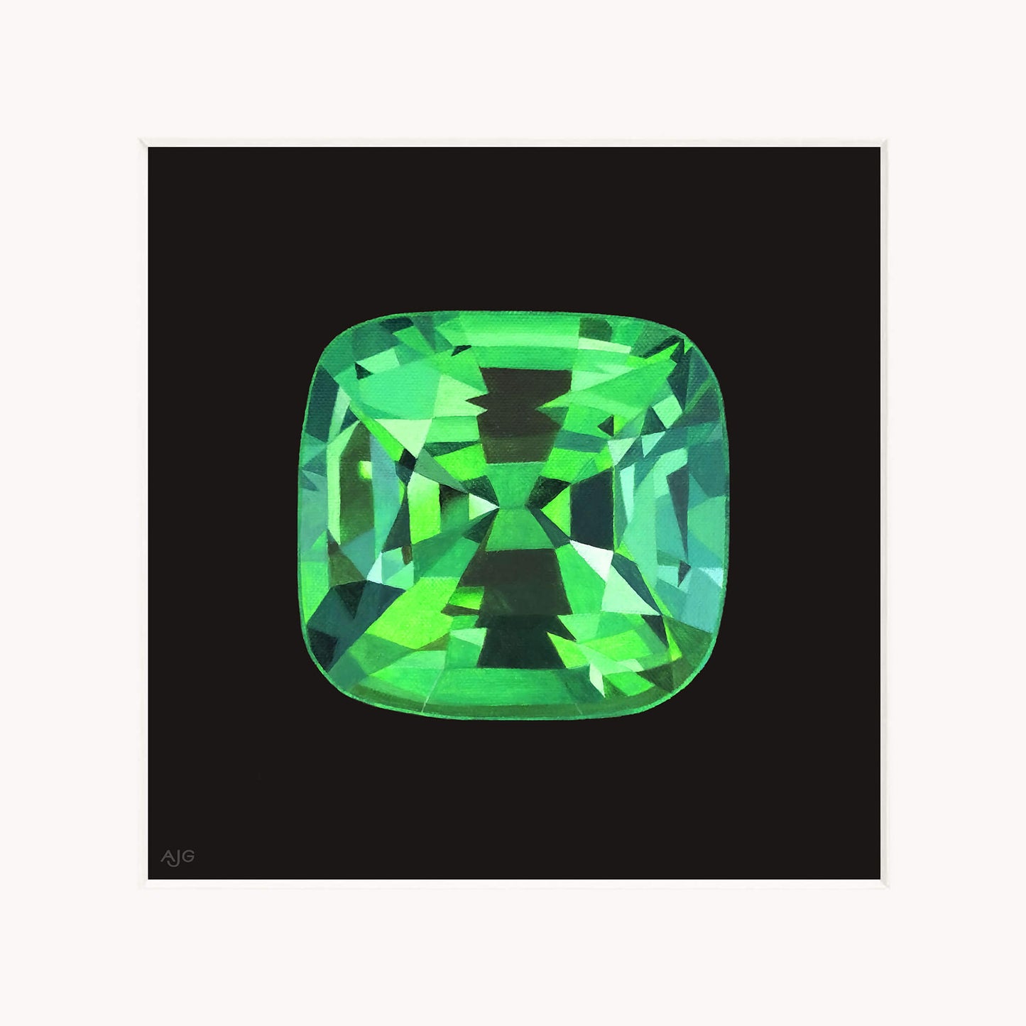 Square-cut green tsavorite garnet gemstone on a black background