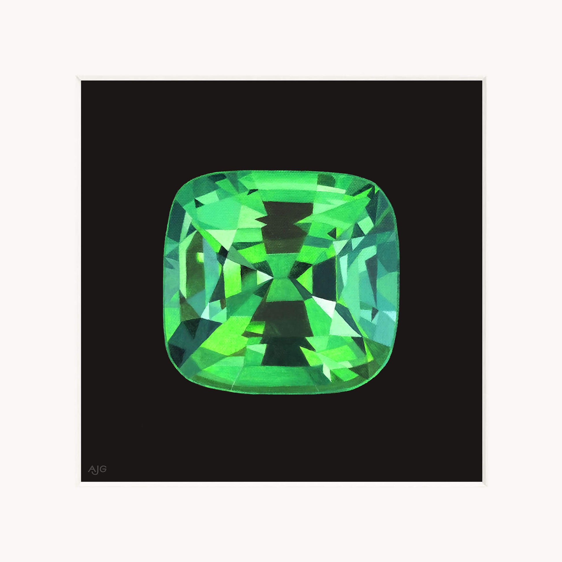 Square-cut green tsavorite garnet gemstone on a black background