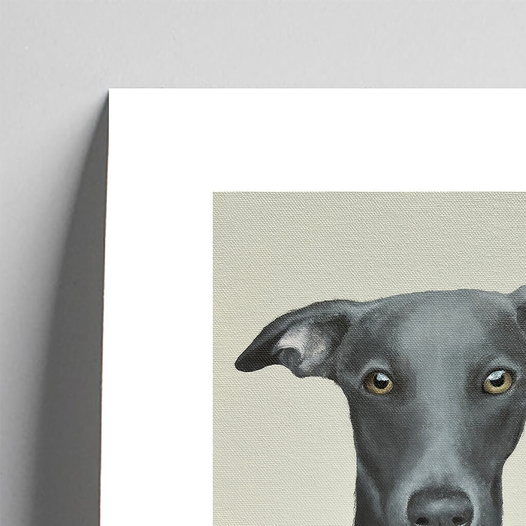 Giclee fine art print of a whippet on a greige background. This image shows a section, to highlight the detail. 