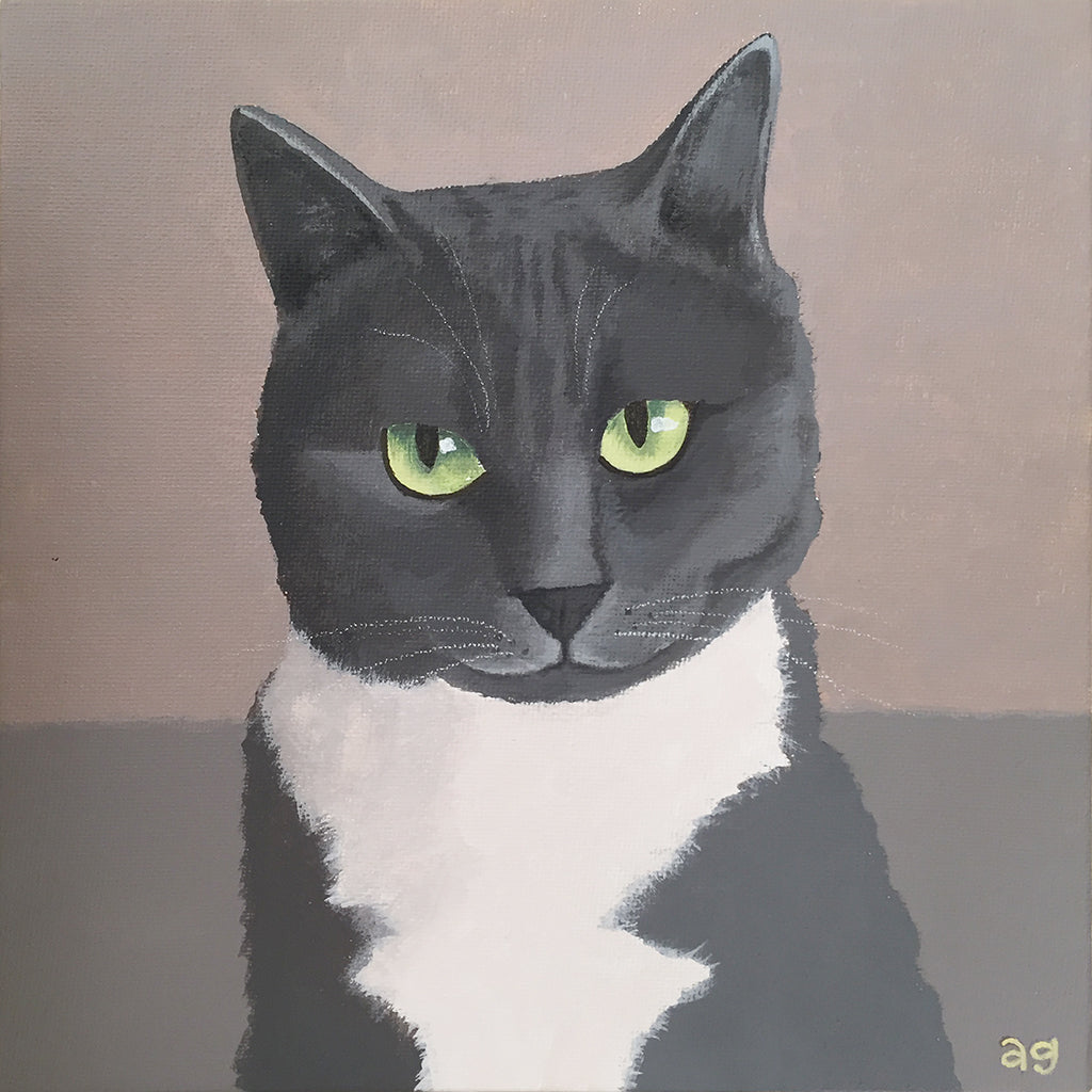 Original Acrylic Painting of a Grey and White Cat by Amanda Gosse
