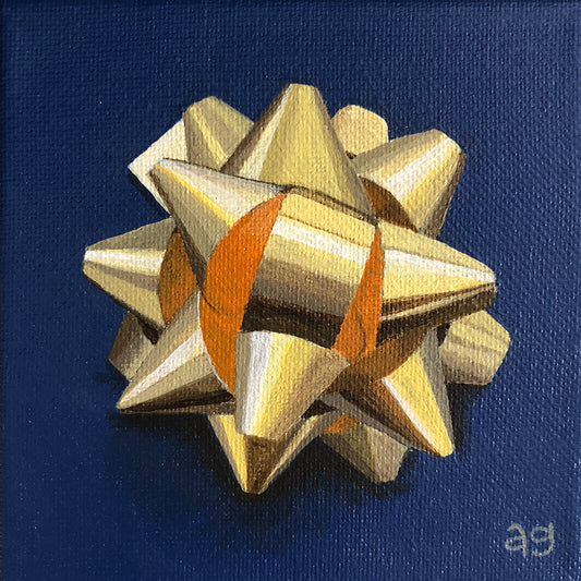 Original Acrylic Painting of a Gold Gift Bow by Amanda Gosse