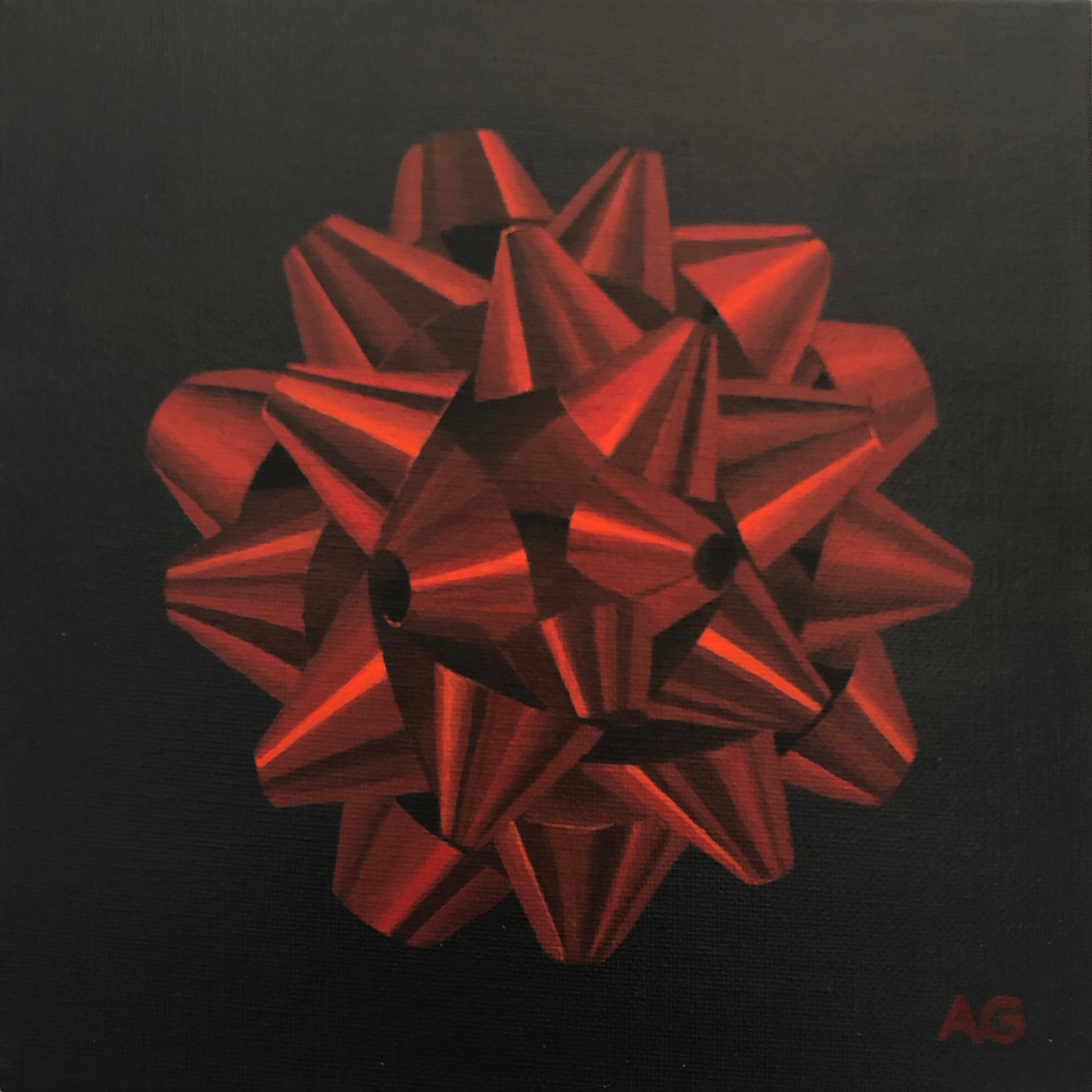 Red Gift Bow original acrylic on canvas panel painting by Amanda Gosse
