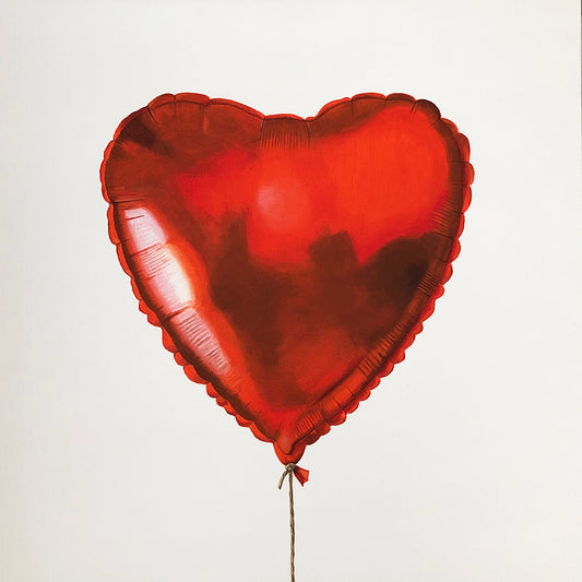 Painting of a red heart shaped helium balloon by Amanda Gosse