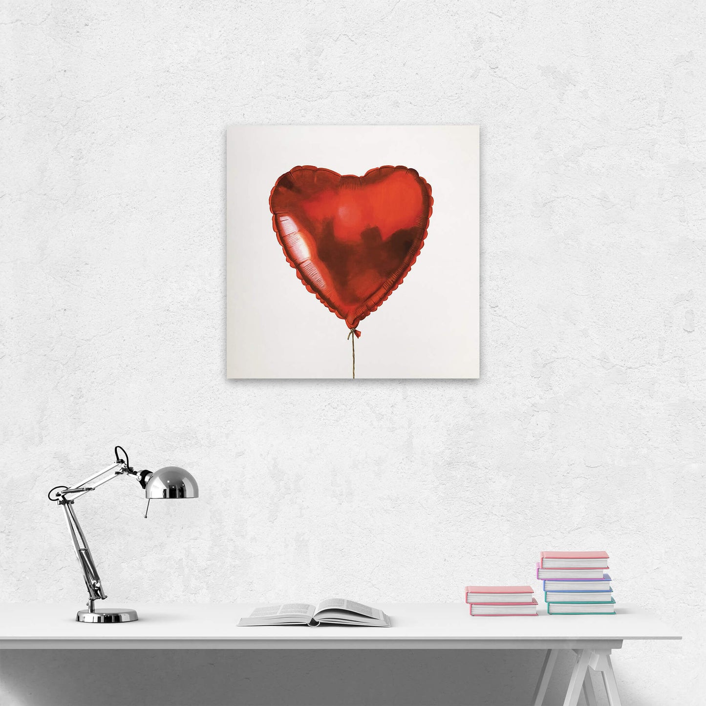 Original painting of a red heart shaped helium balloon by Amanda Gosse