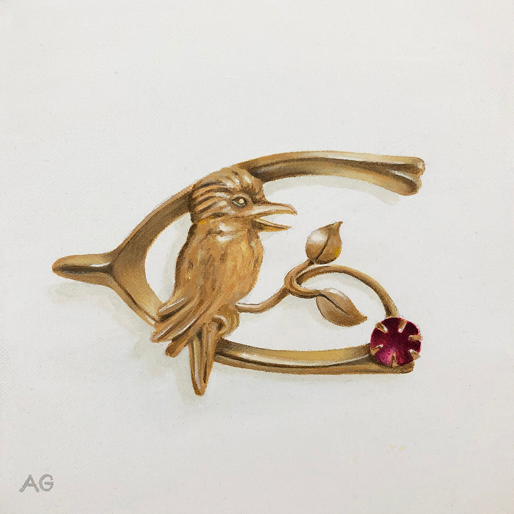 Original painting by Amanda Gosse of an antique Australian piece of jewellery with kookaburra and ruby.