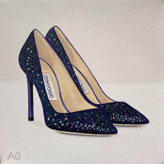 A pair of designer high heeled Romy glitter pumps by Jimmy Choo. Original acrylic on canvas painting by Amanda Gosse