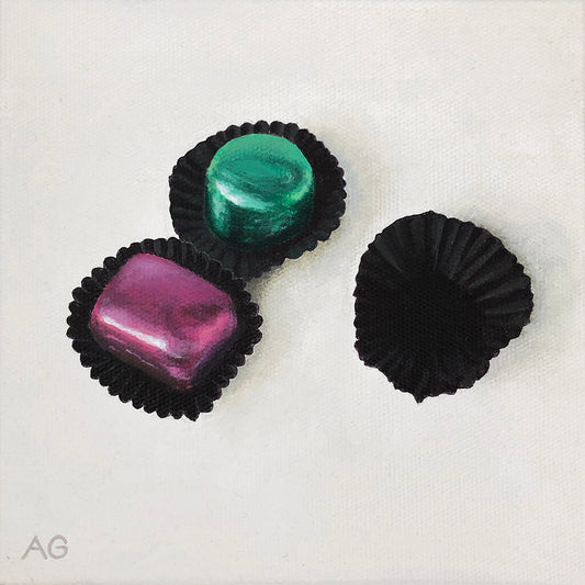Chocolates in purple and green foil is an original acrylic on canvas painting by Amanda Gosse