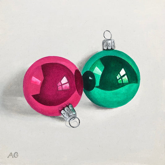Pink and green Christmas Baubles is an original acrylic on canvas painting of tree decorations by Amanda Gosse