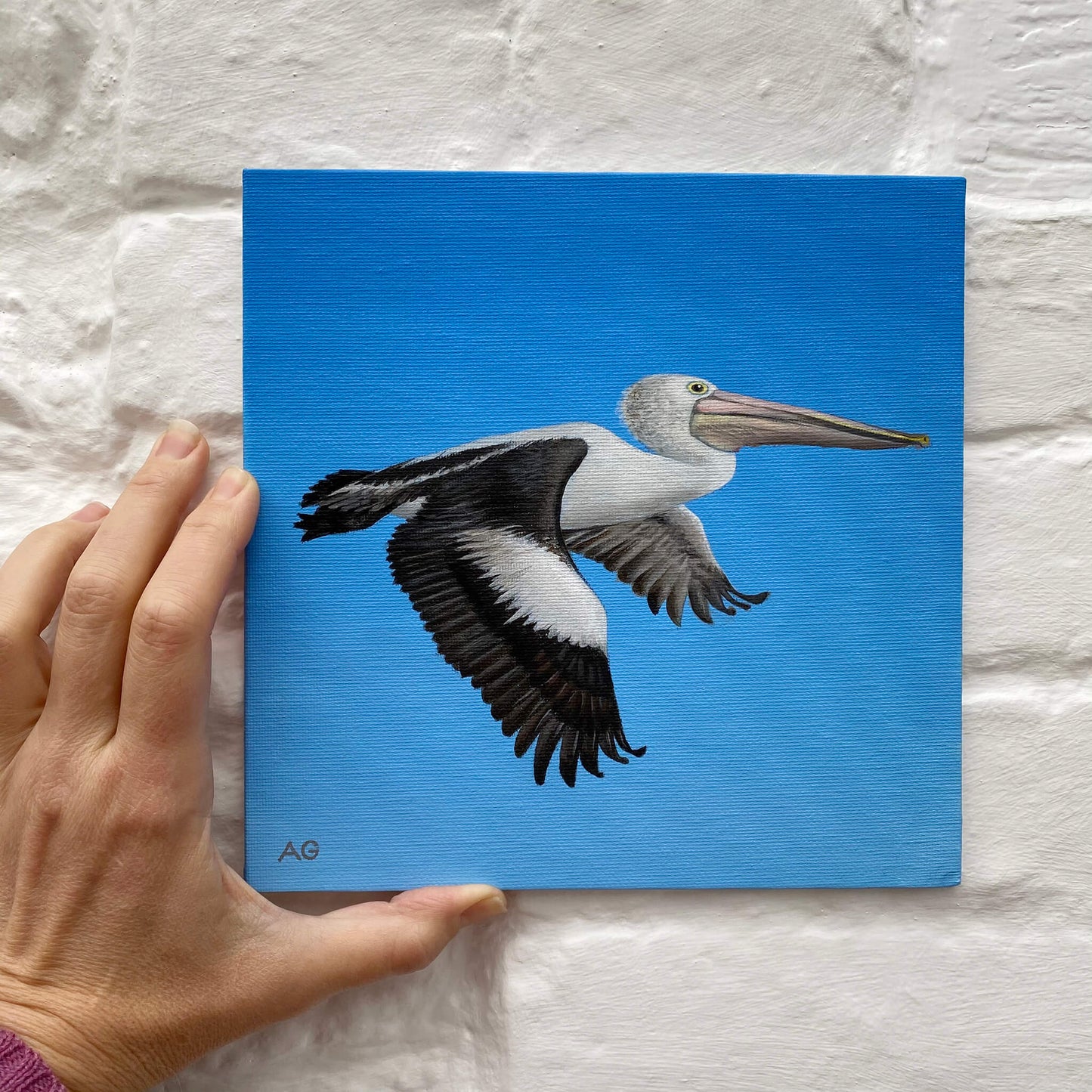Pelican in flight painting by Amanda Gosse. Original acrylic artwork on canvas panel on wall.