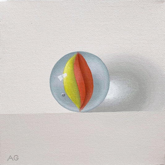 original realistic acrylic painting of a yellow and red glass marble painted by Amanda Gosse