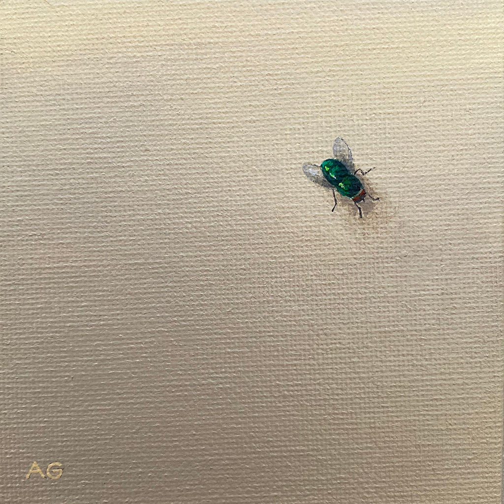 Fly Guy small acrylic on canvas painting of a green fly on a wall by Amanda Gosse