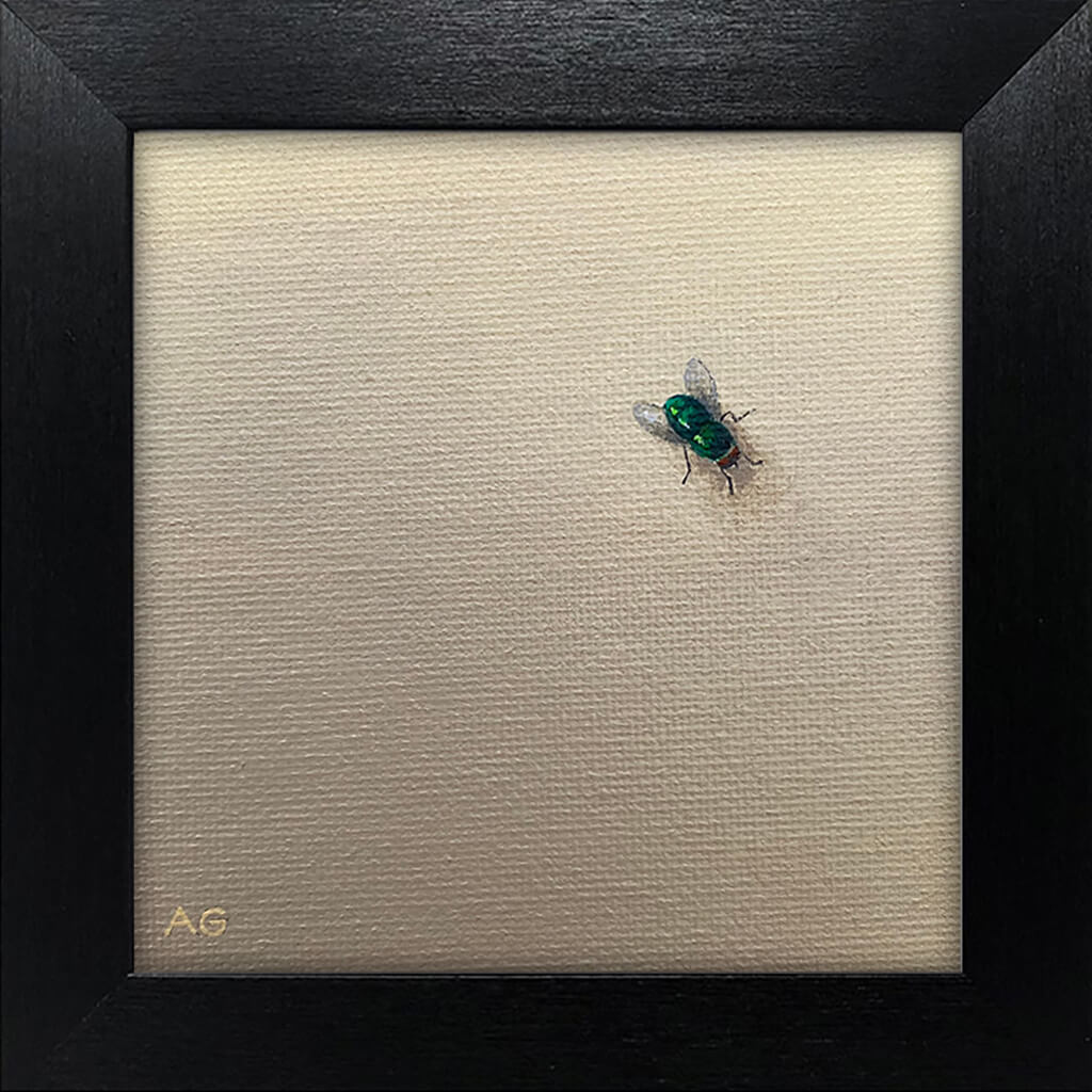 Fly Guy small acrylic on canvas framed painting of a green fly on a wall by Amanda Gosse