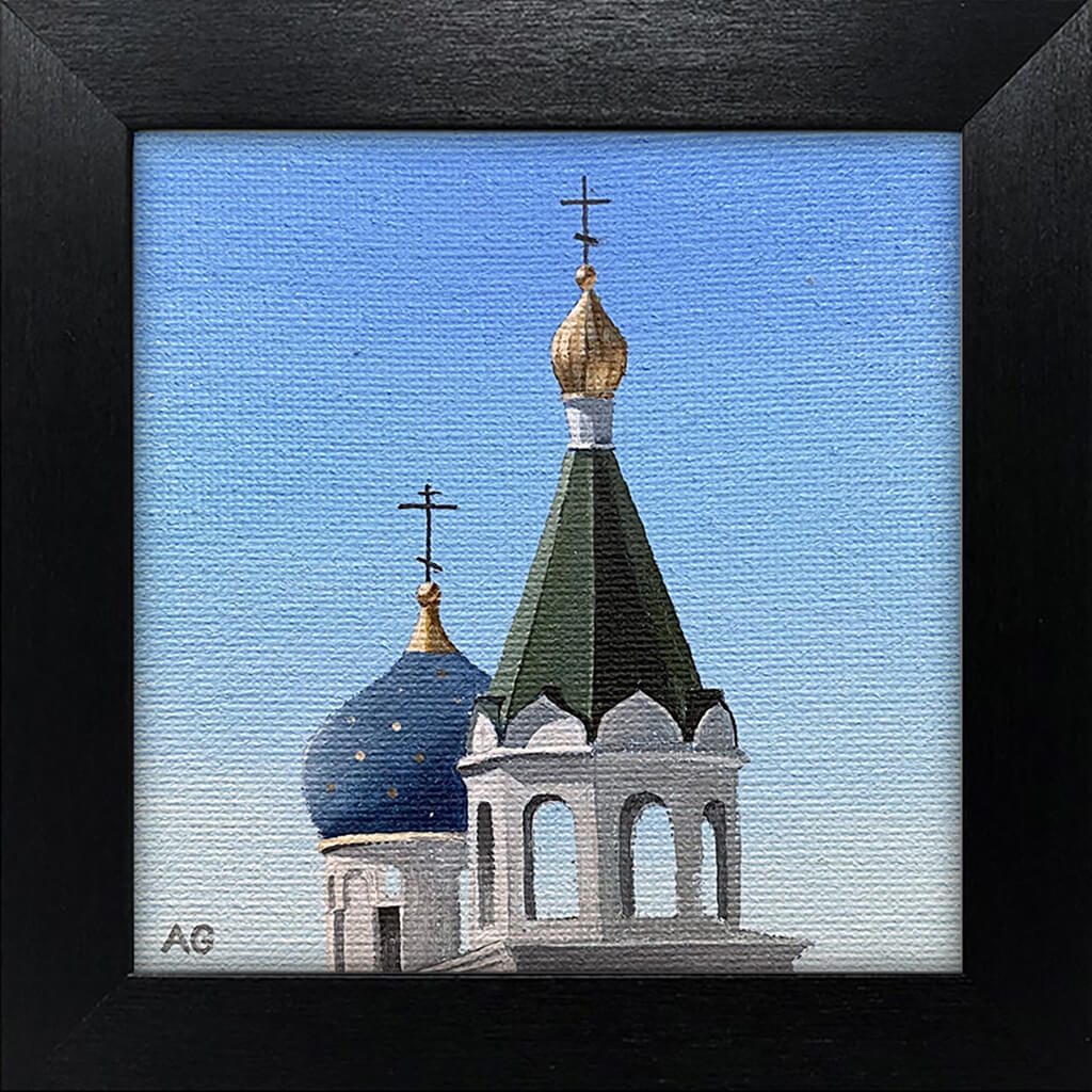 Miniature framed painting of Russian Orthodox Church of St Nicholas Adelaide spires by Amanda Gosse