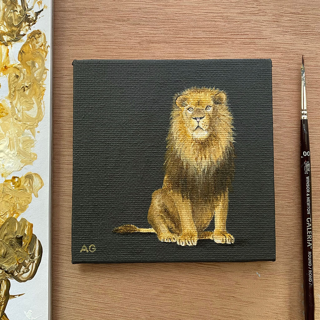 Small original painting of a lion acrylic on canvas board by Amanda Gosse
