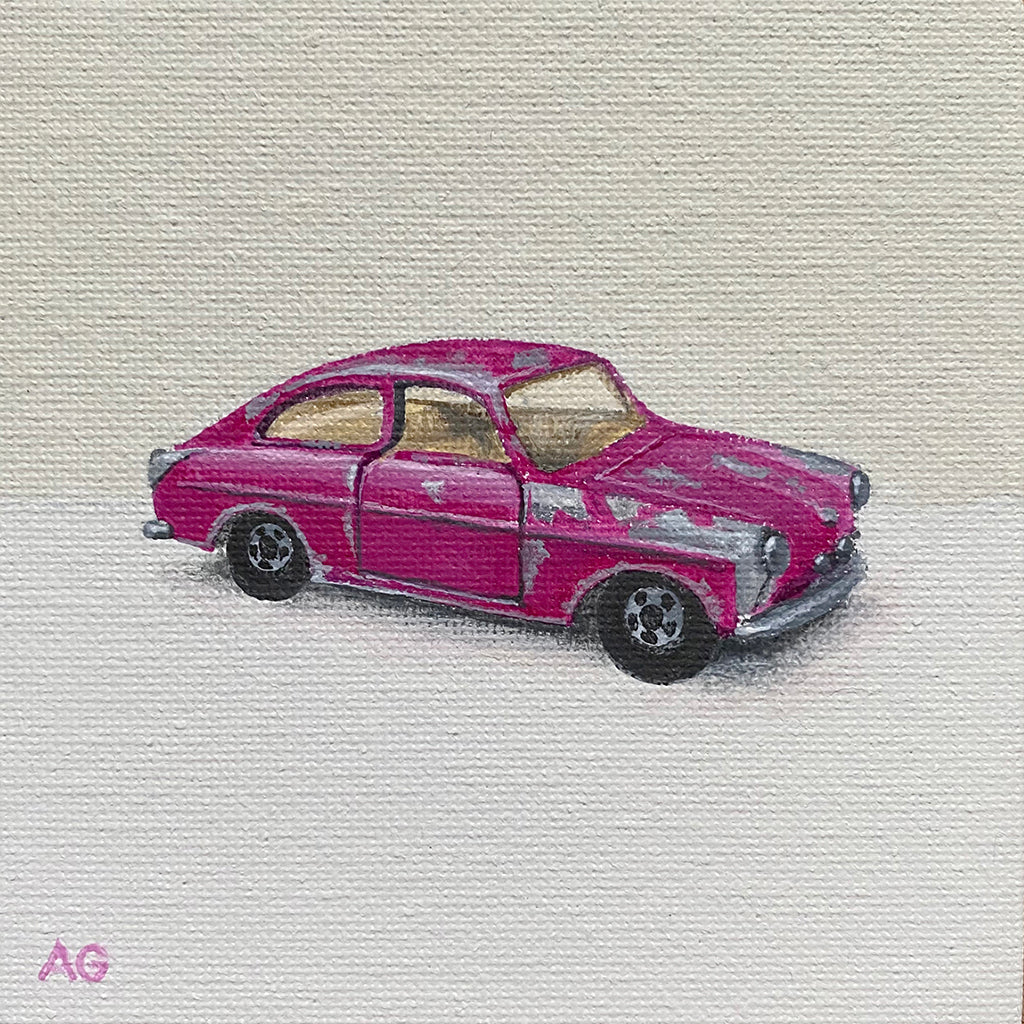 Miniature Artwork of a pink toy car by Amanda Gosse acrylic on canvas board