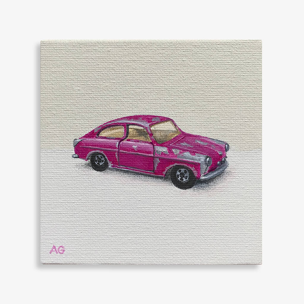 Miniature painting of a pink toy car by Amanda Gosse
