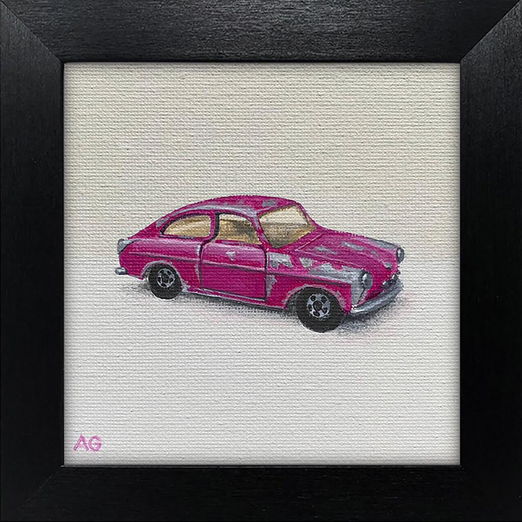 Miniature framed painting of a pink toy car by Amanda Gosse