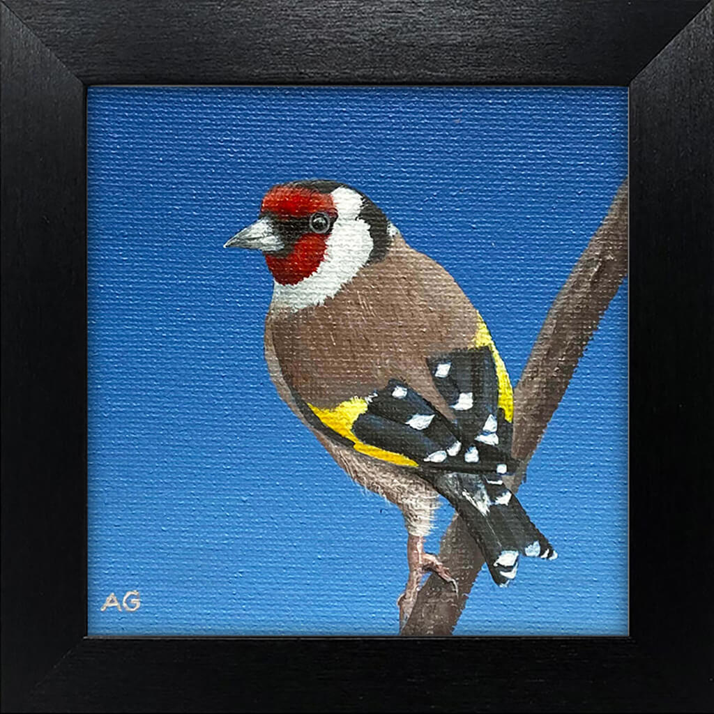 Miniature framed acrylic on canvas artwork of a goldfinch bird by Amanda Gosse