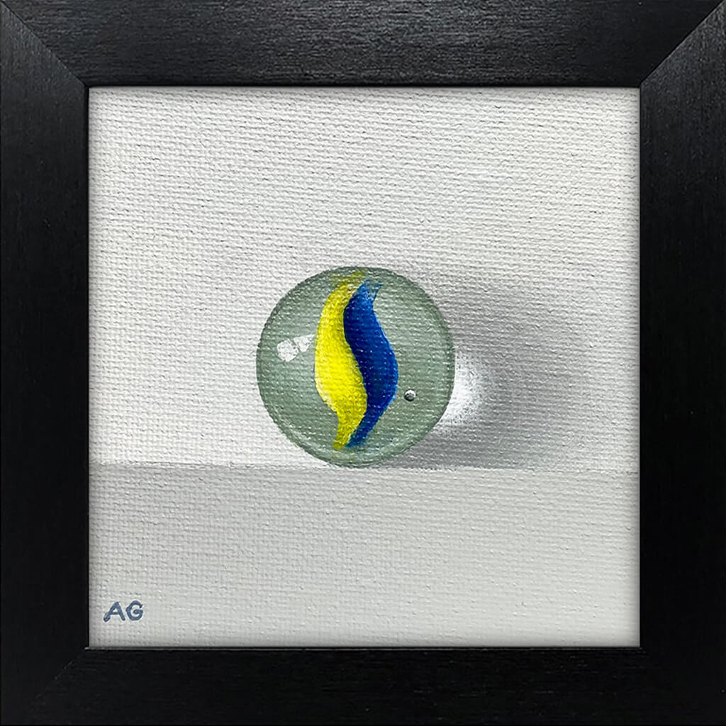 Miniature framed acrylic on canvas painting of a glass blown marble in blue and yellow by Amanda Gosse